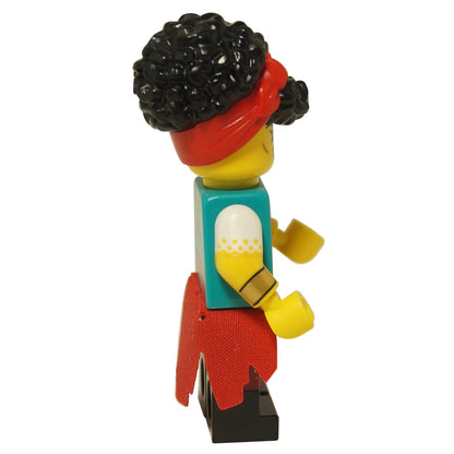 LEGO® Pirate Quartermaster minifigure from Series 27, female pirate with headscarf, jewelry print, sash and decorated legs, side profile view
