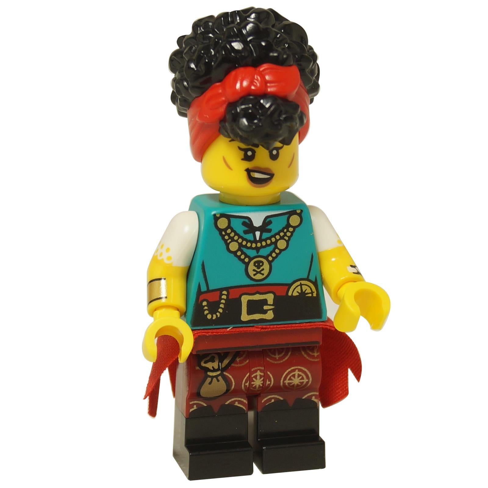 LEGO® Pirate Quartermaster minifigure from Series 27, female pirate with headscarf, jewelry print, sash and decorated legs
