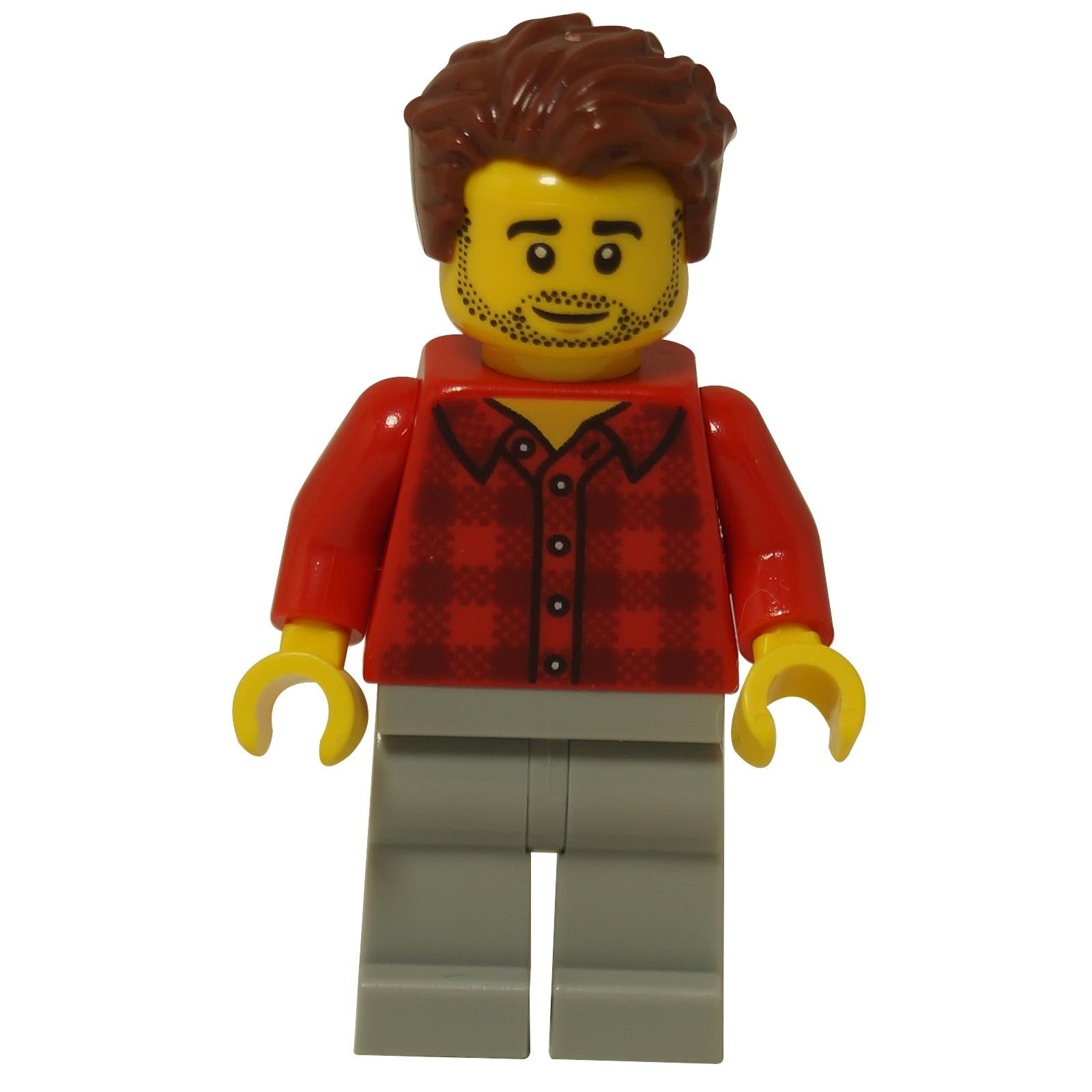 LEGO® Minifigura Rob el Diseñador de Fans, vistiendo una camisa de cuadros rojos con piernas gris claro, cara con barba y cabello castaño
