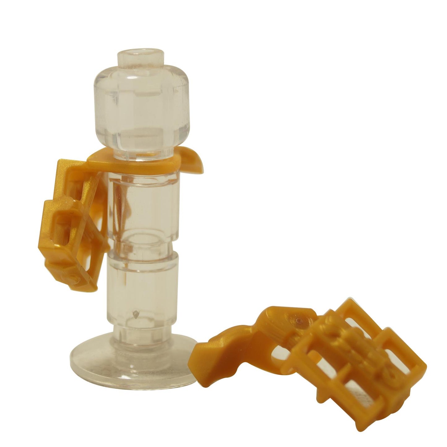 LEGO® minifigure shoulder armor in pearl gold with dual katana scabbard, samurai-style back-mounted weapon holder accessory
