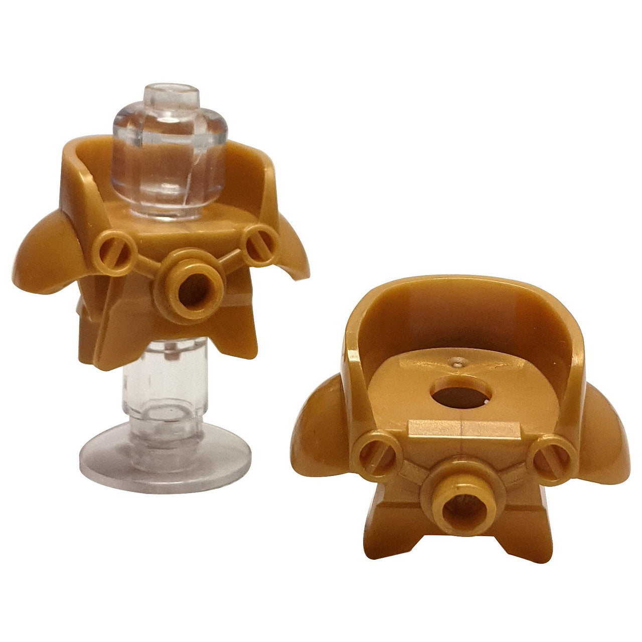 LEGO® minifigure space armor 72326, a breastplate with large, protective shoulder pauldrons, front view in pearl gold