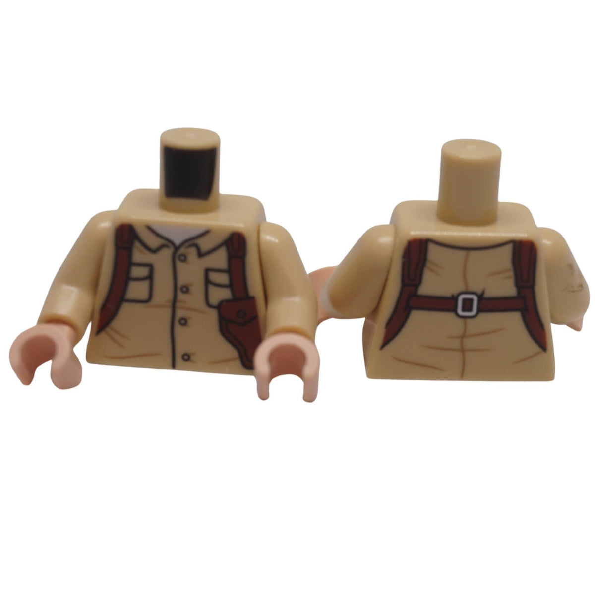 LEGO minifigure tan button-up shirt torso with reddish brown shoulder holster