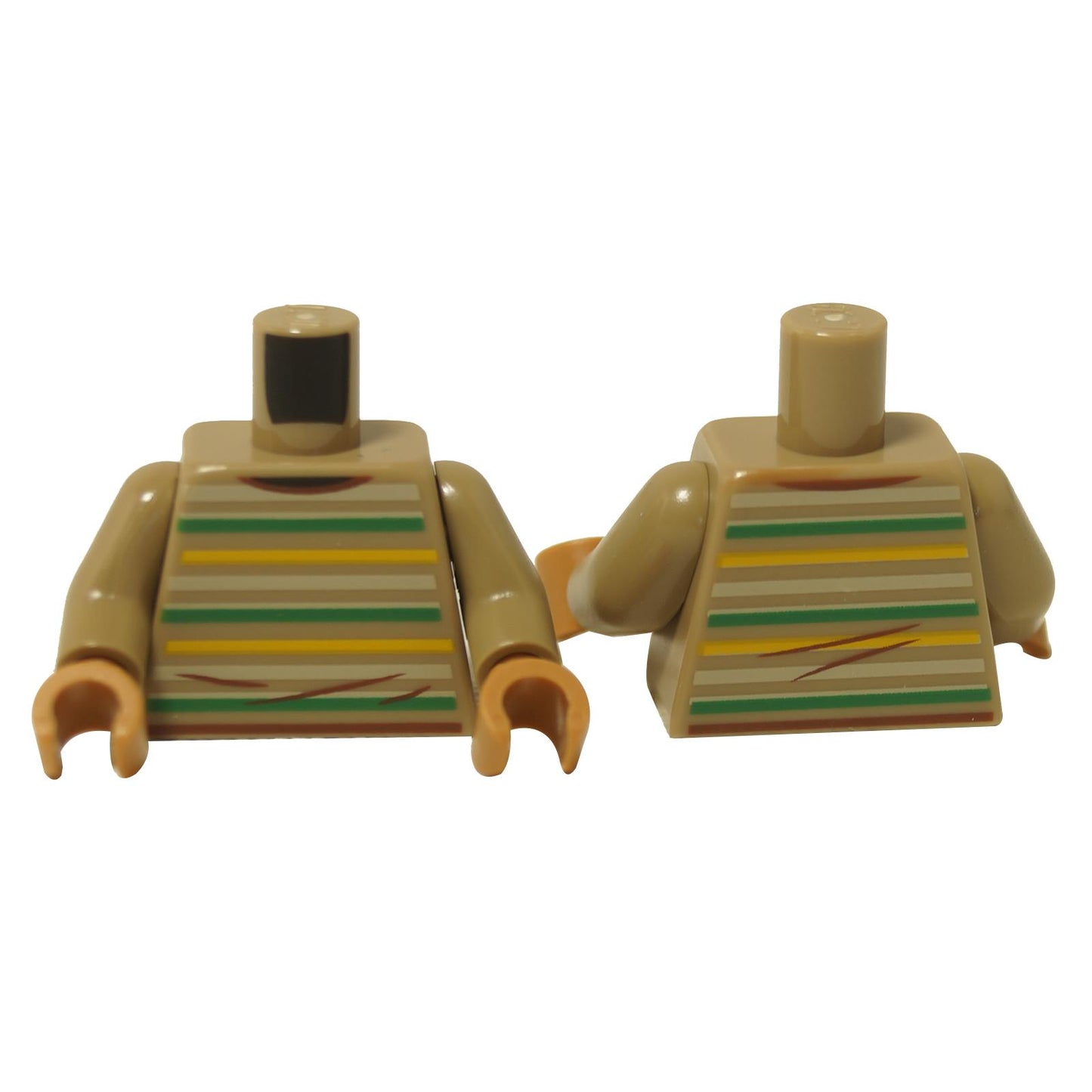 LEGO® torso de minifigura con suéter a rayas beige y estampado de arrugas, parte superior casual con detalles en la parte delantera y trasera
