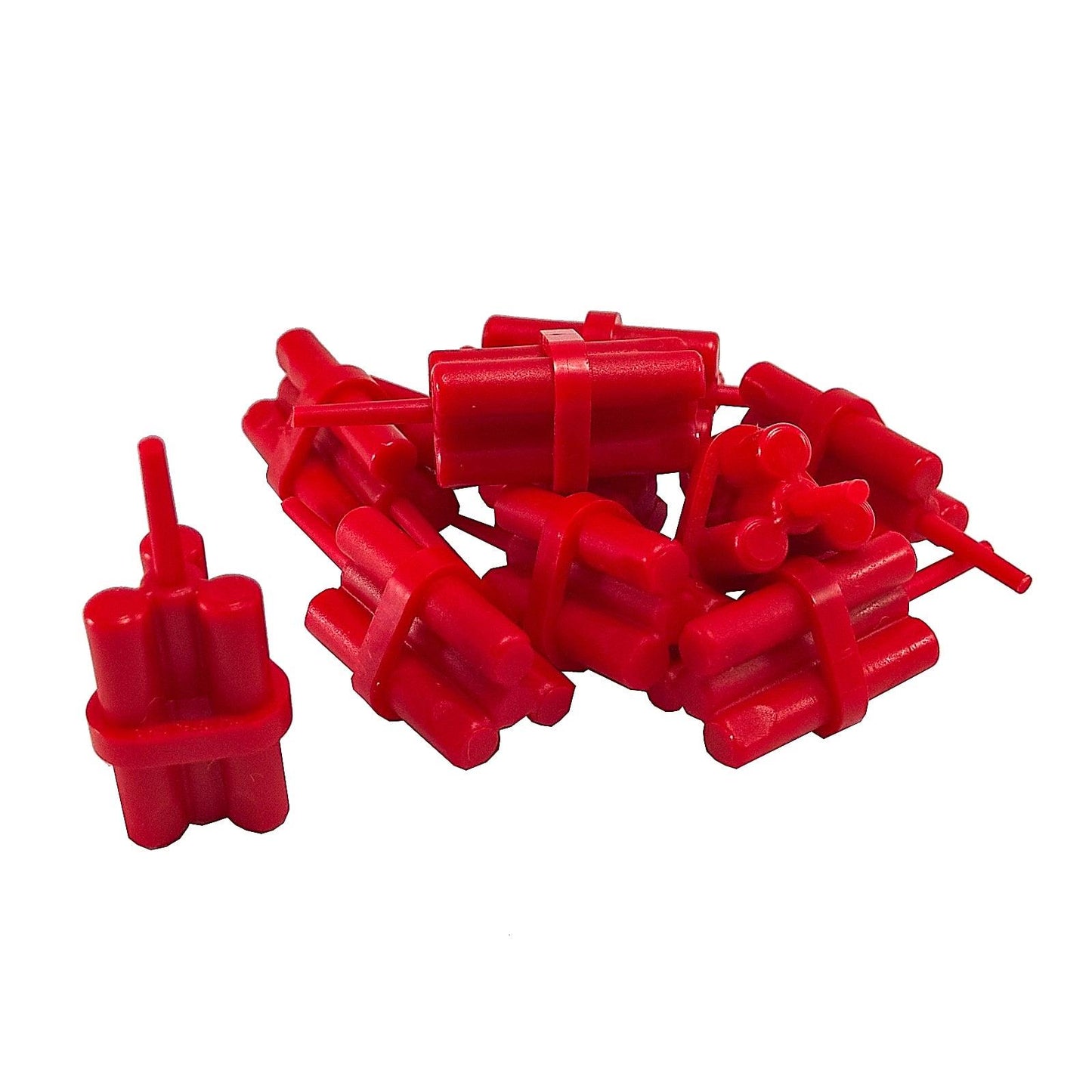 LEGO® minifigurka příslušenství svazek dynamitových tyček, výbušný detail pro těžbu, dobrodružství nebo akční scény, červená barva
