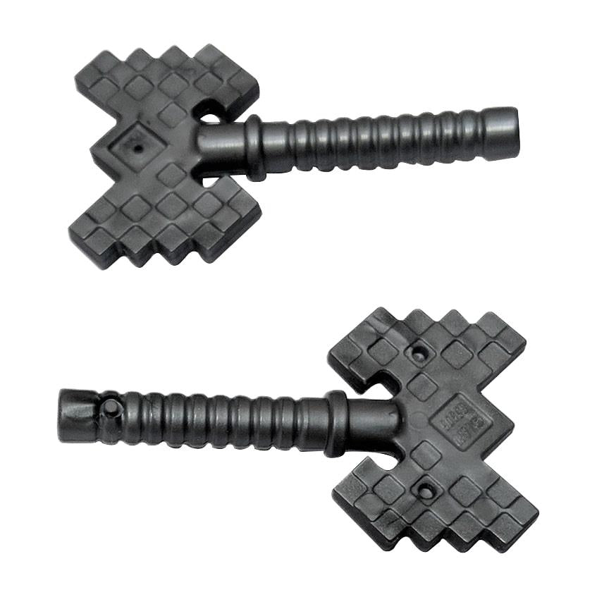 Hacha doble LEGO Minecraft, pixelada, plata, vista frontal y trasera