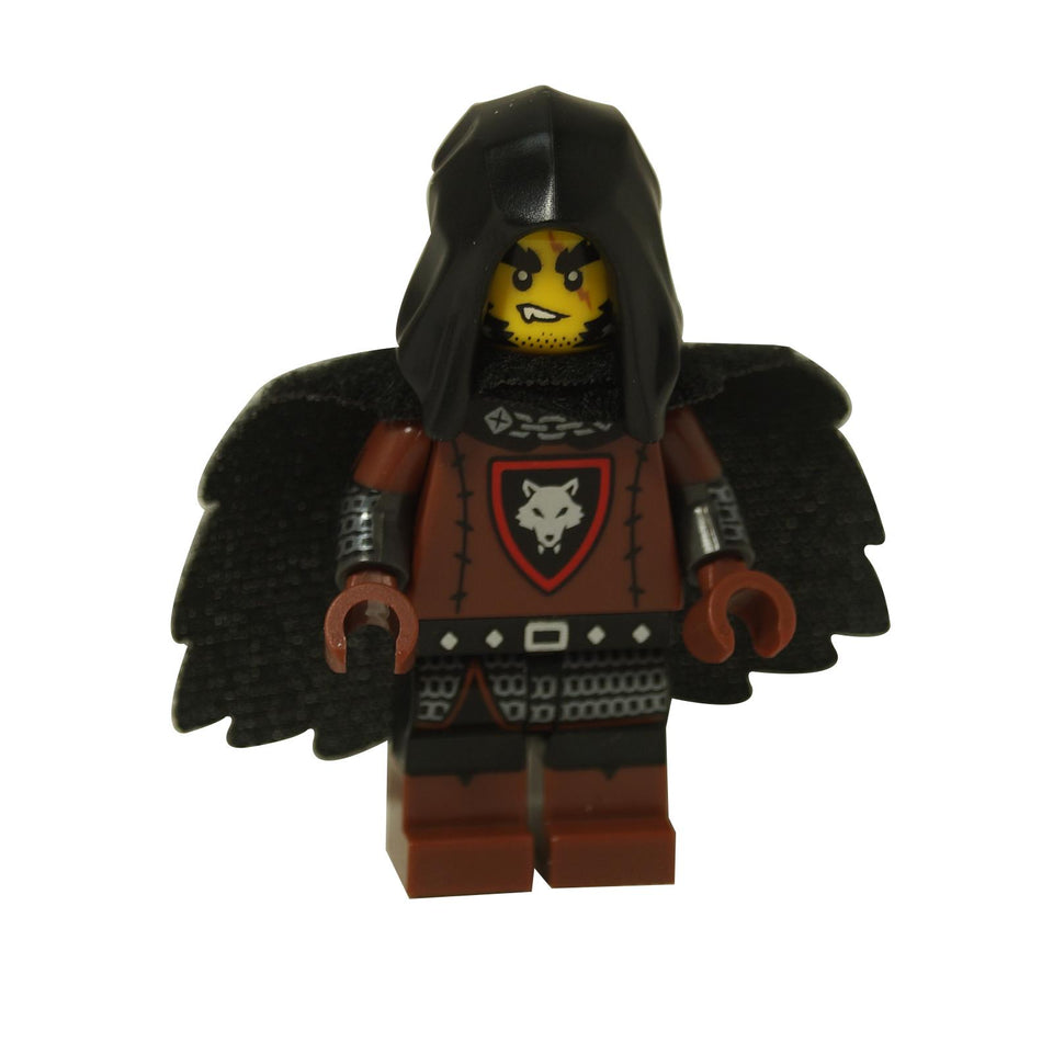 LEGO® Wolfpack Beastmaster minifigure from Series 2, hooded medieval warrior with black cape, wolf emblem and dark red armor
