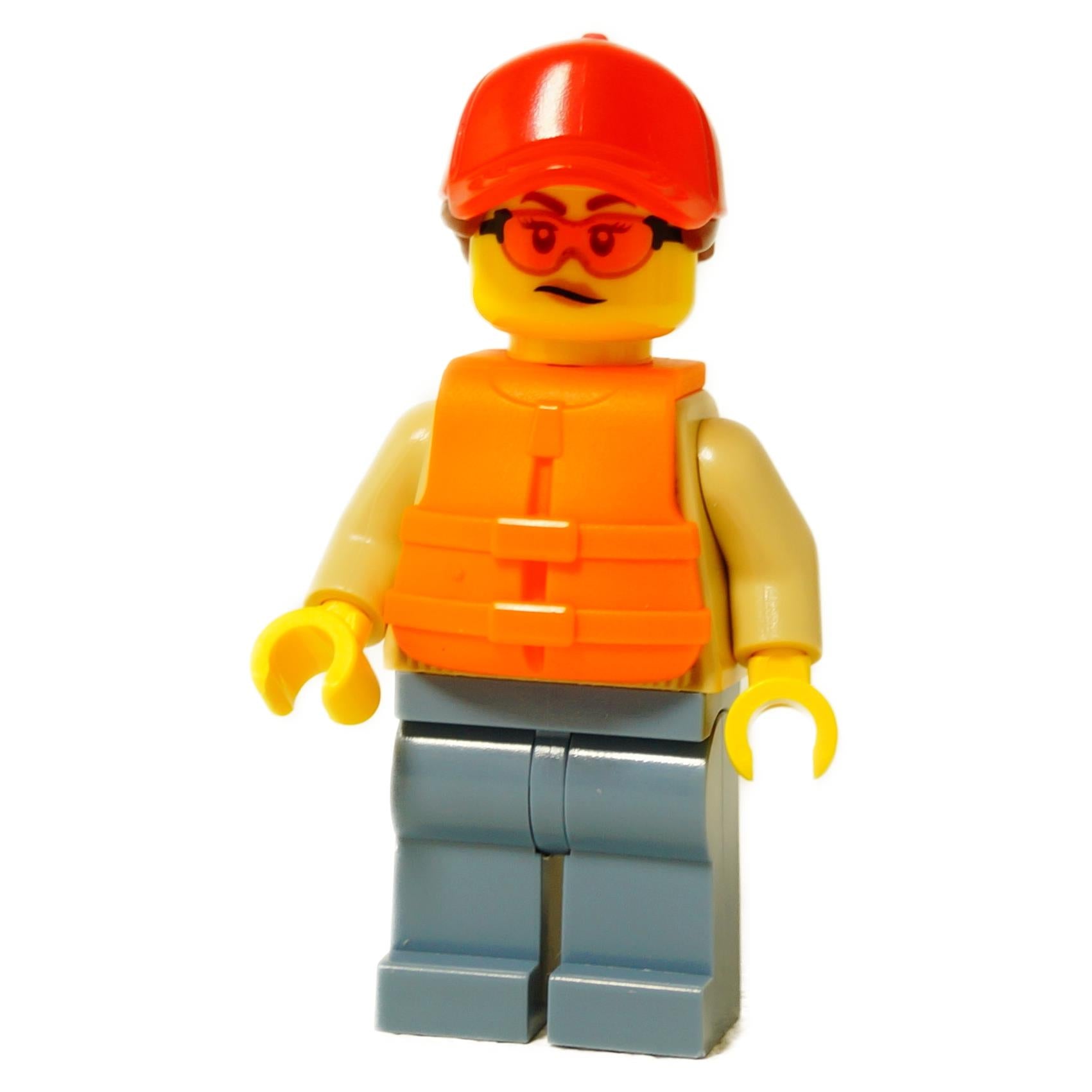 LEGO® woman minifigure wearing an orange life jacket, red cap with glasses, light flesh head, and sand blue legs
