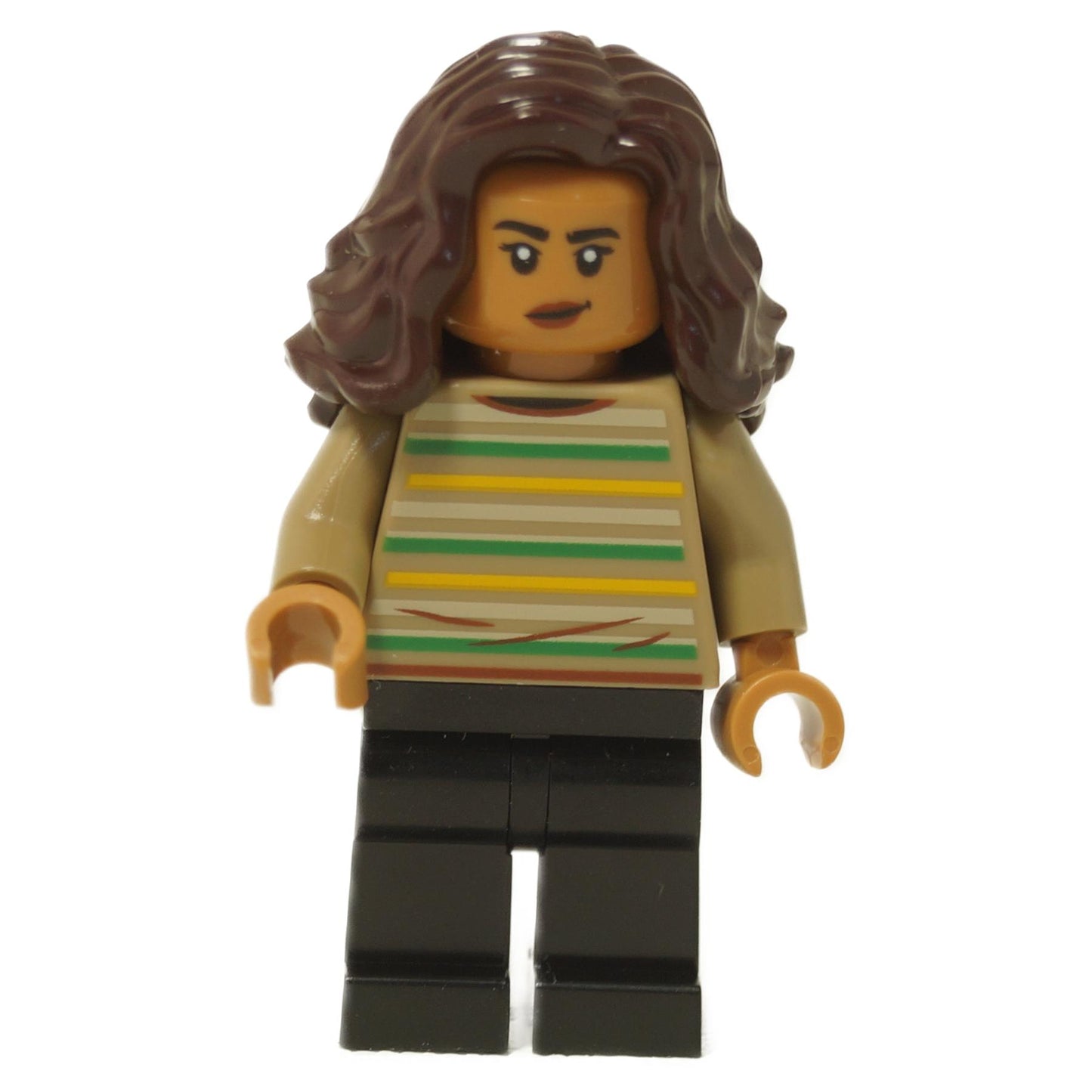 LEGO MJ minifigure with long brown wavy hair and a neutral expression wearing a multi-colored striped top.