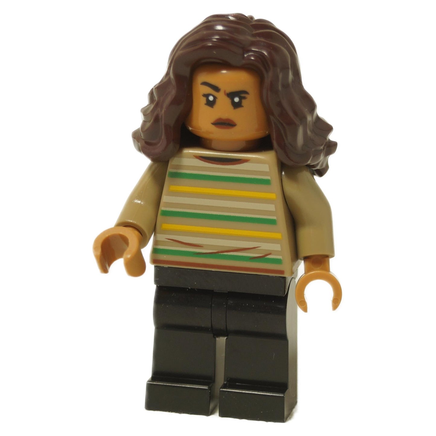 LEGO Minifigure of MJ (Michelle Jones) in a striped tan sweater and black pants.