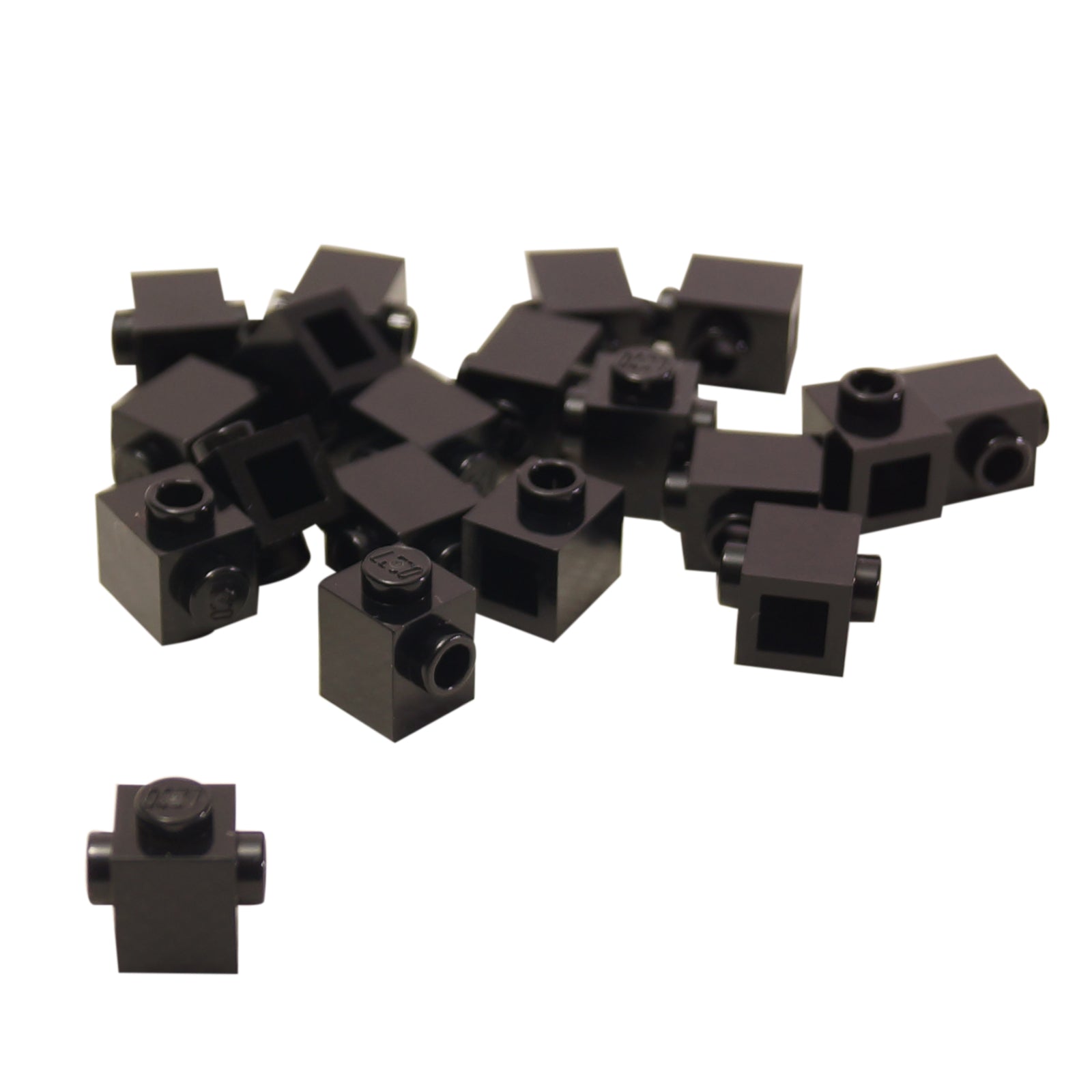 Close-up of LEGO® Modified Brick 1 x 1 with 2 Opposite Studs (47905) in black, featuring studs on two sides for sideways building and advanced connection techniques.
