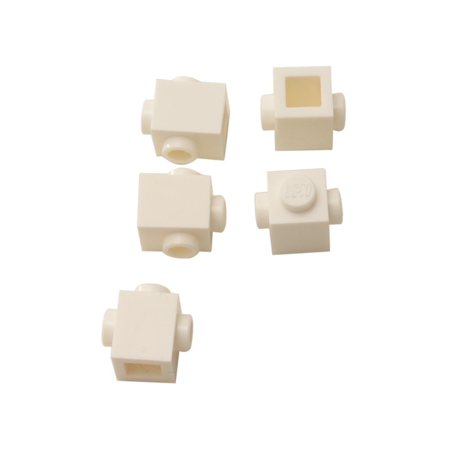 Close-up of LEGO® Modified Brick 1 x 1 with 2 Opposite Studs (47905) in white, featuring studs on two sides for sideways building and advanced connection techniques.
