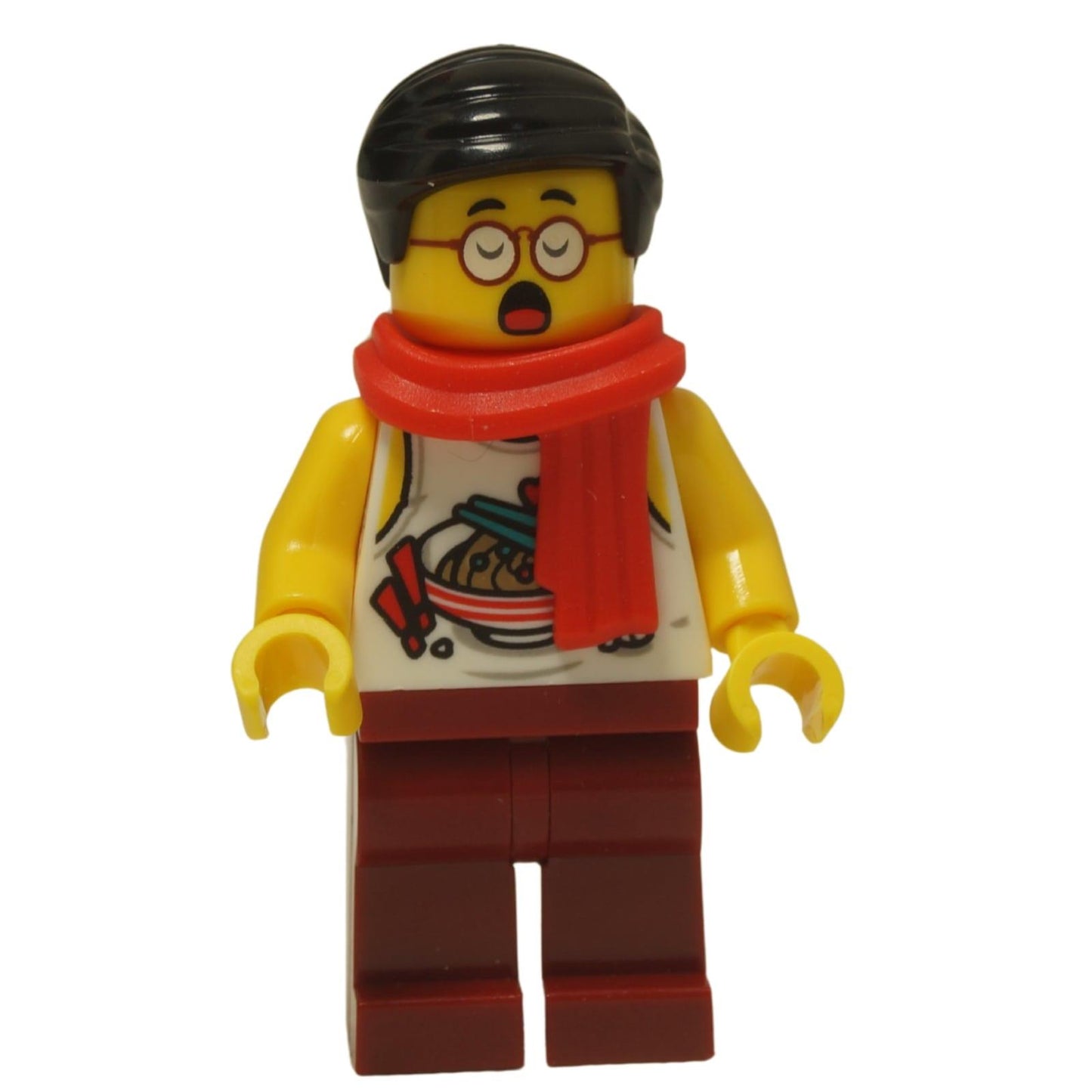 LEGO® Minifigure Monkie Kid Mr. Tang (mk062) présenté avec sa tête double face, affichant à la fois son expression calme et souriante et son expression excitée avec la bouche ouverte.
