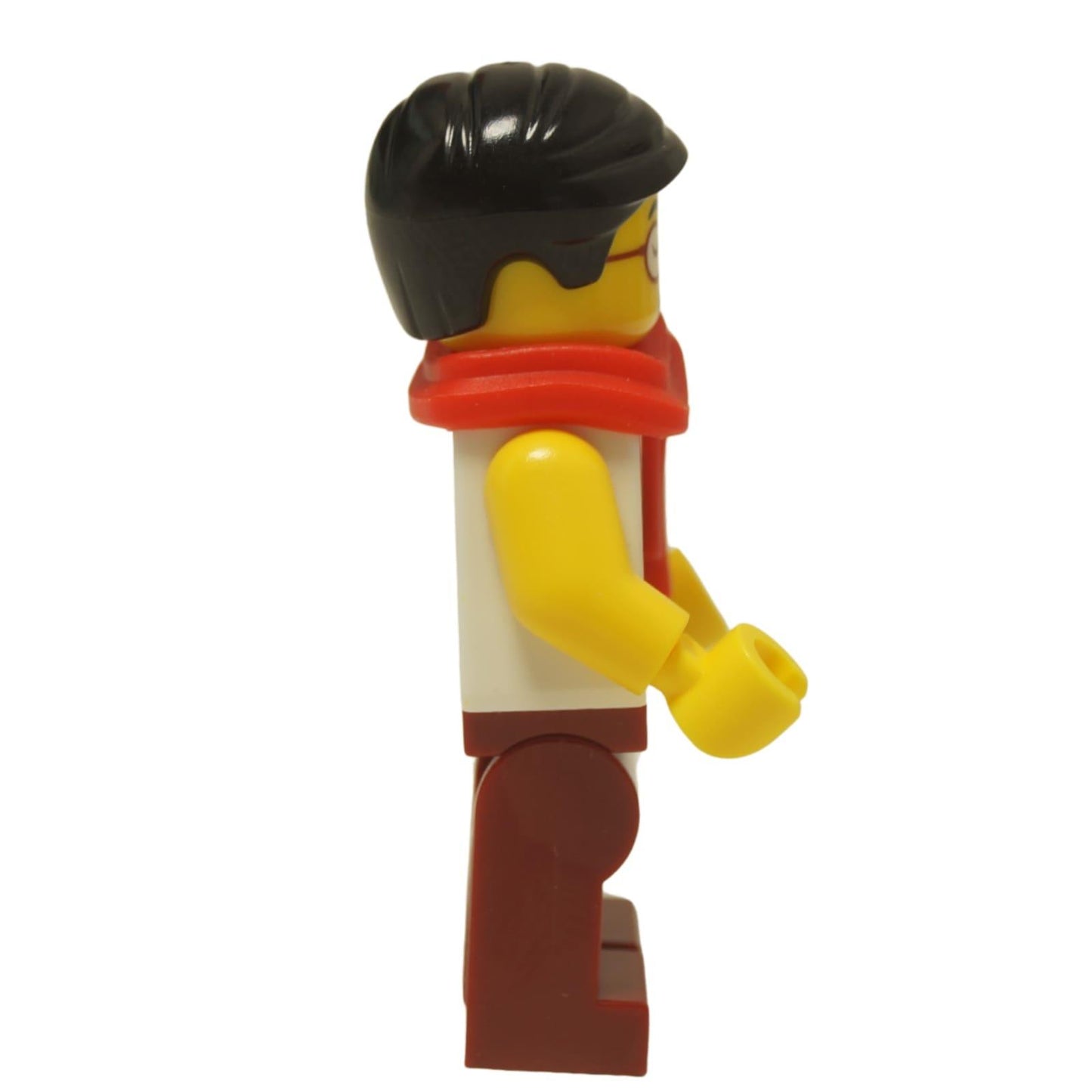 LEGO® Minifigure Monkie Kid Mr. Tang (mk062) présenté avec sa tête double face, affichant à la fois son expression calme et souriante et son expression excitée avec la bouche ouverte. Profil latéral.
