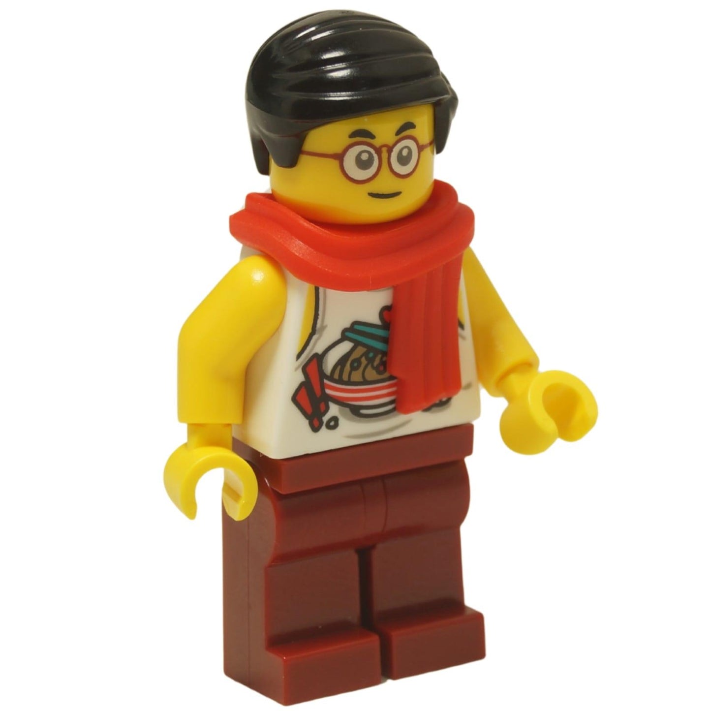 LEGO® Minifigure Monkie Kid Mr. Tang (mk062) présenté avec sa tête double face, affichant à la fois son expression calme et souriante et son expression excitée avec la bouche ouverte.
