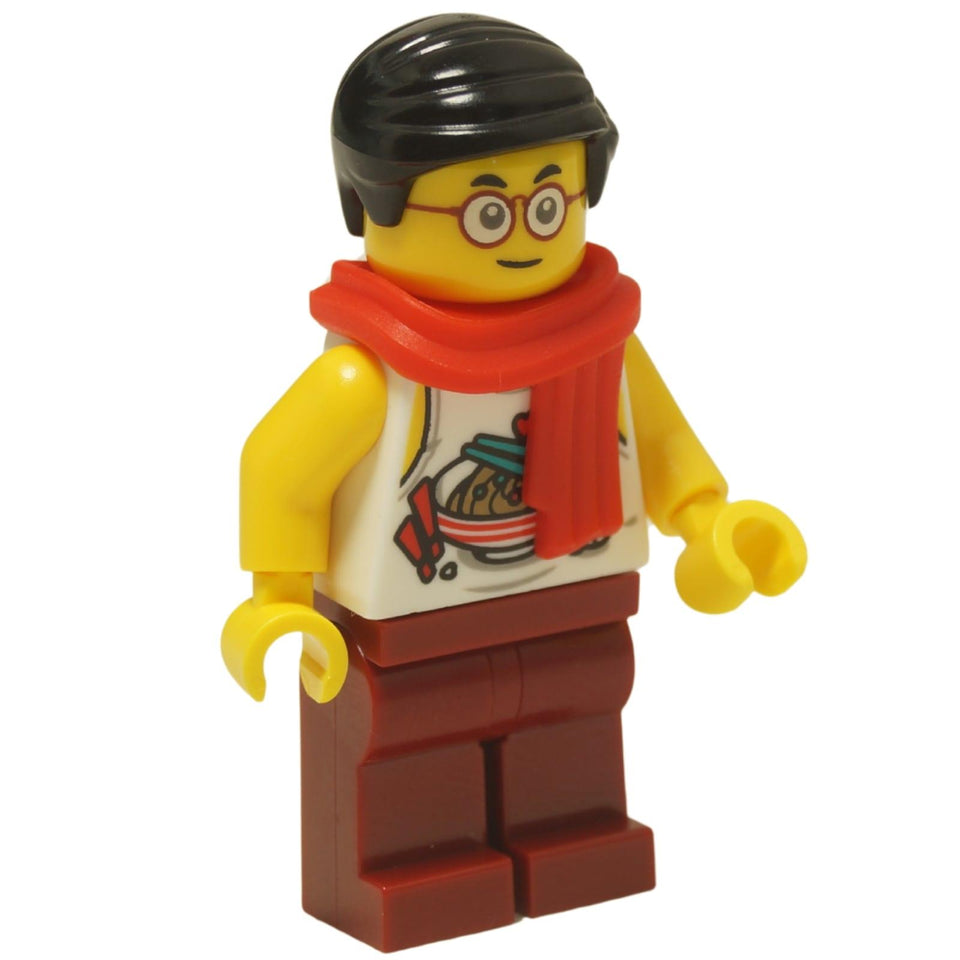 LEGO® Monkie Kid Mr. Tang minifigure (mk062) shown with his dual-sided head, featuring both his calm, smiling expression and his excited, open-mouthed expression.
