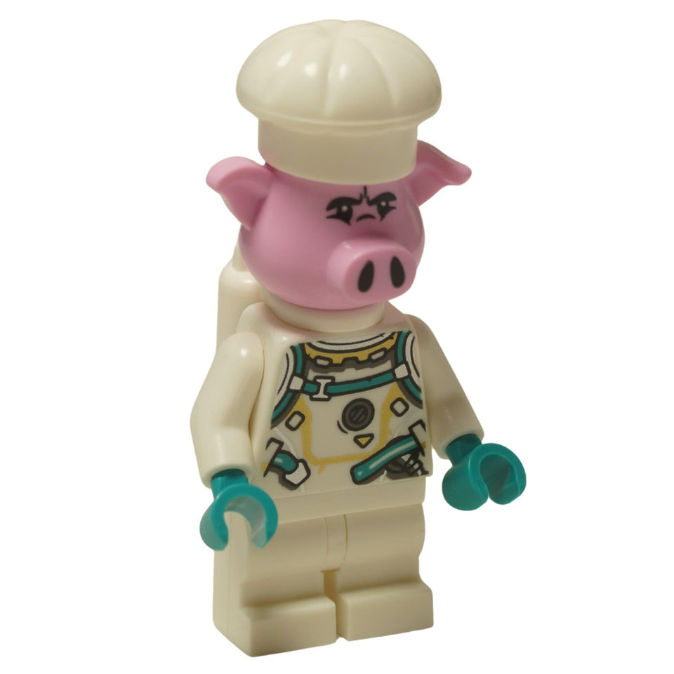 LEGO® Monkie Kid Pigsy minifigure (mk080) wearing his white and teal spacesuit and a classic chef's hat.
