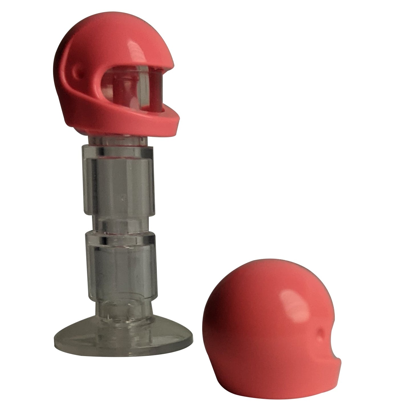 LEGO® Minifigure motorcycle helmet (standard style) with smooth rounded shell and front visor opening in coral.
