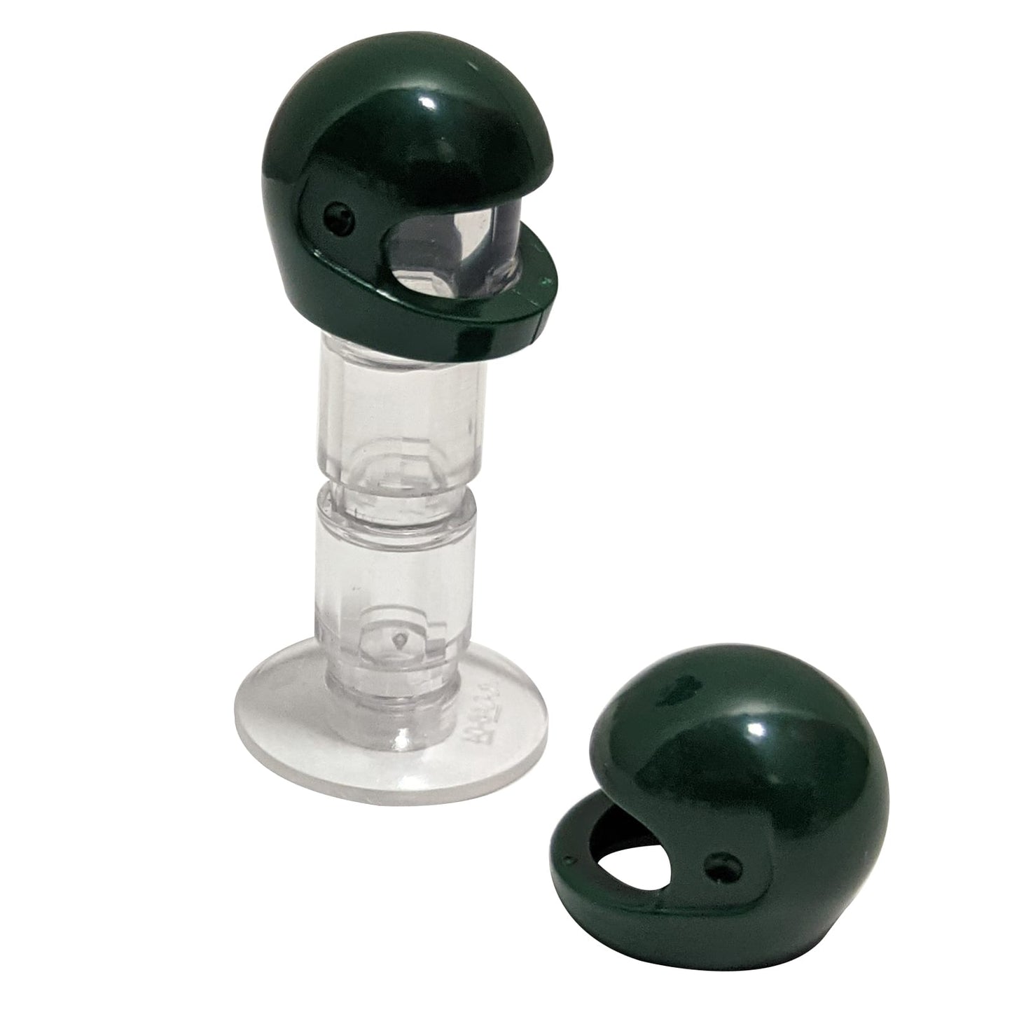LEGO® Minifigure motorcycle helmet (standard style) with smooth rounded shell and front visor opening in dark green.
