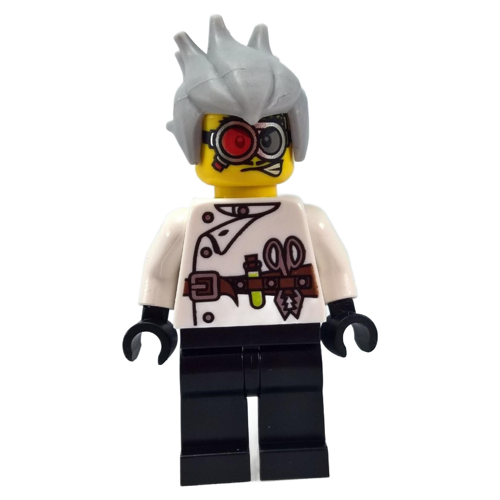 LEGO® Monster Fighters Crazy Scientist minifigure front view with wild gray hair and lab coat with tools.