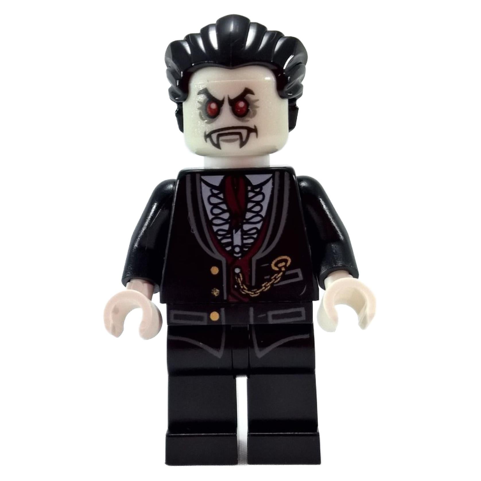 LEGO® Minifigura de Lord Vampyre de Monster Fighters (mof013) con cabeza que brilla en la oscuridad y traje formal, vista frontal.