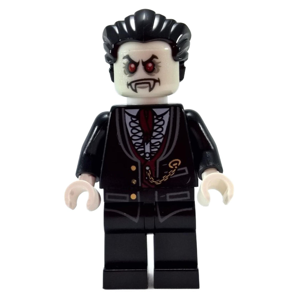 LEGO® Monster Fighters Lord Vampyre minifigure (mof013) with glow-in-the-dark head and formal suit, front view.