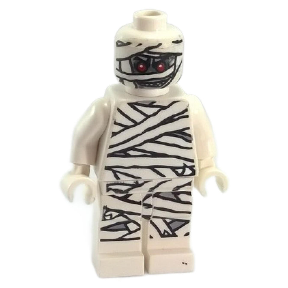 LEGO® Monster Fighters Mummy minifigure (mof001) with printed bandages and red eyes, front view.