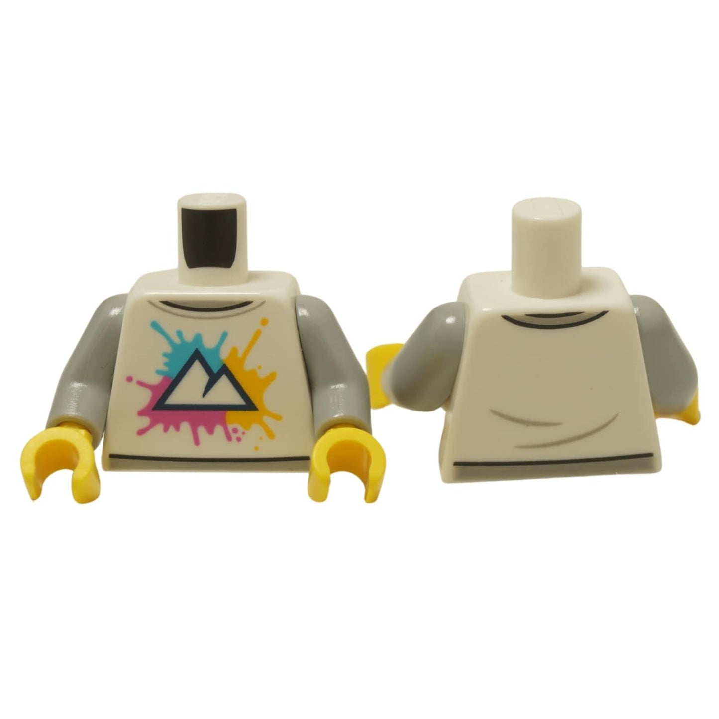 LEGO® Torzo (973pb4535c01) se světle šedým tričkem s logem hory a barevnými skvrnami od barvy.
