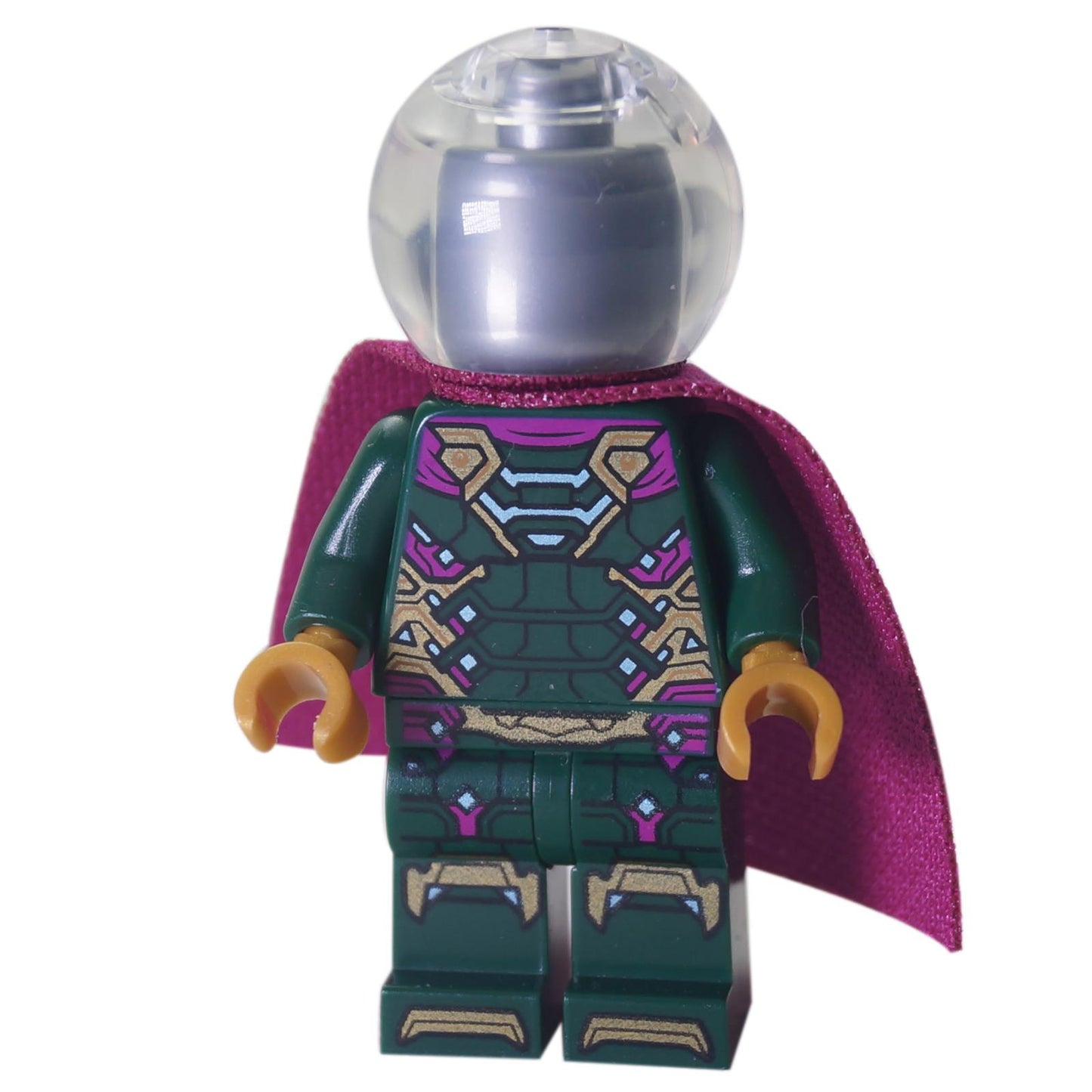 LEGO® Mysterio minifigure sh0580 from Spider-Man: Far From Home, featuring a dark green and gold detailed suit, magenta cape, and trans-clear fishbowl helmet.