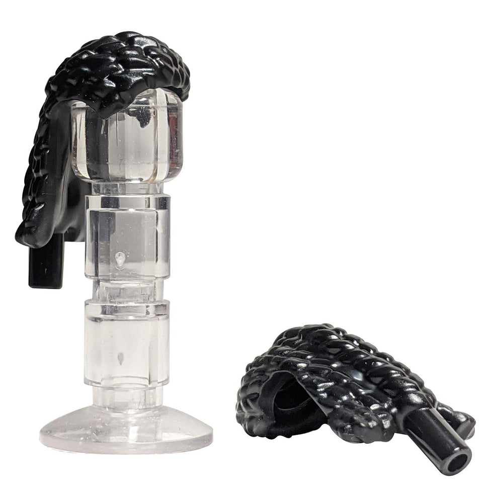 Black Na'vi minifigure hair 1580 on a clear stand and lying flat.