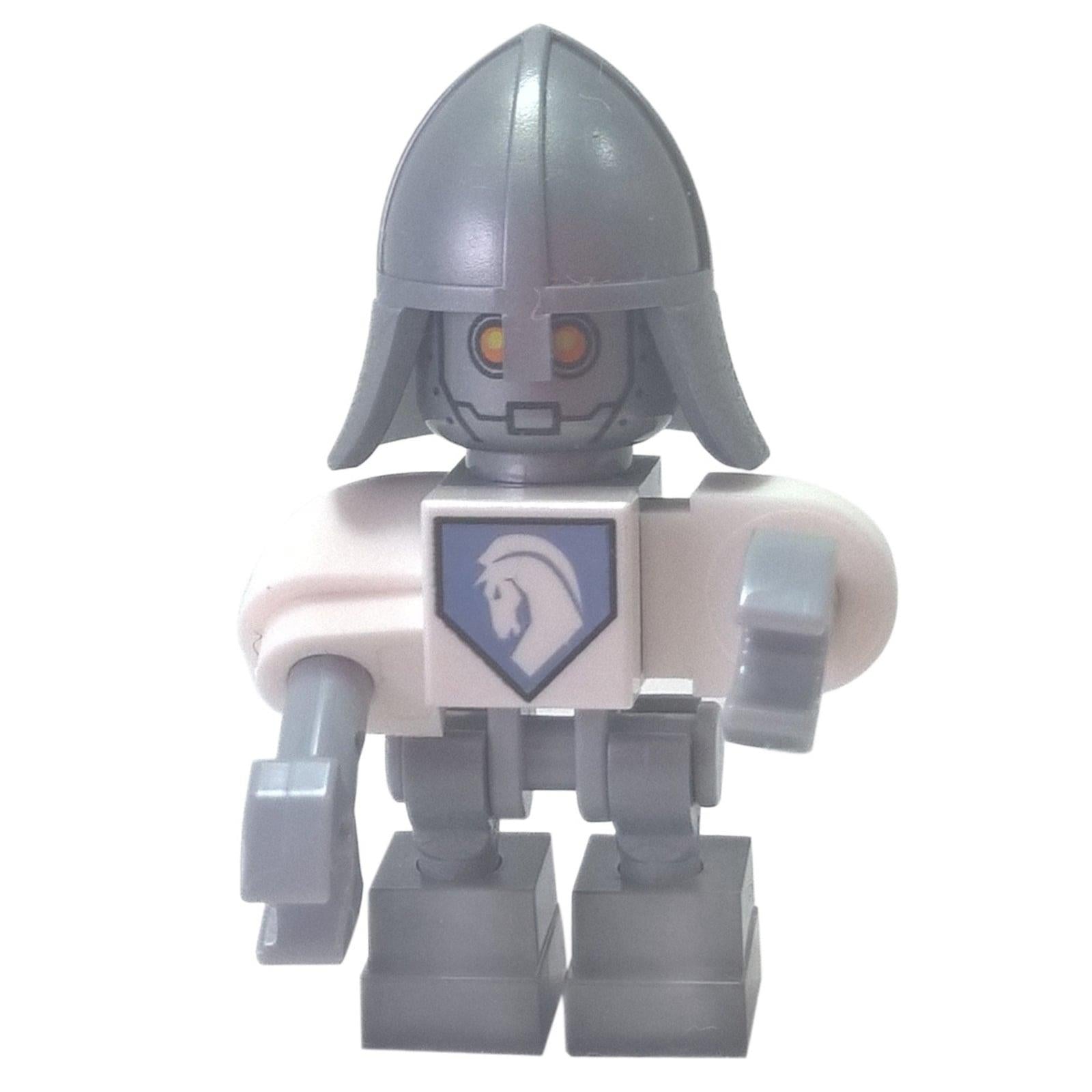 LEGO® NEXO KNIGHTS Lancebot minifigure (nex002) with its robotic build, silver helmet, and white horse crest.
