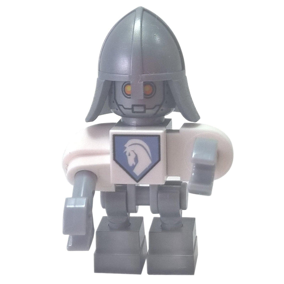 LEGO® NEXO KNIGHTS Lancebot minifigure (nex002) with its robotic build, silver helmet, and white horse crest.

