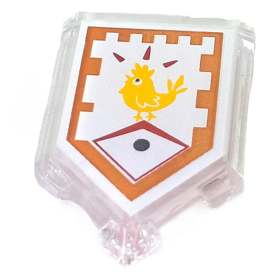 LEGO® Płytka tarczy Nexo Knights (22385pb014) w kolorze przezroczystym, z nadrukowanym wzorem Chicken Power Nexo Power z grafiką zaskoczonego żółtego kurczaka.
