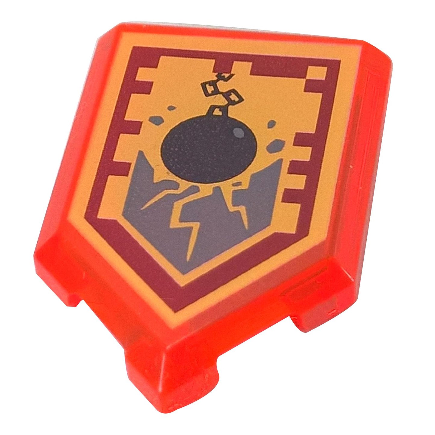 LEGO® Nexo Knights štítová destička (22385pb018) v průhledné jasně červeno-oranžové barvě, s potiskem Nexo Power vzoru Ground Pound, který zobrazuje bombu praskající zem.