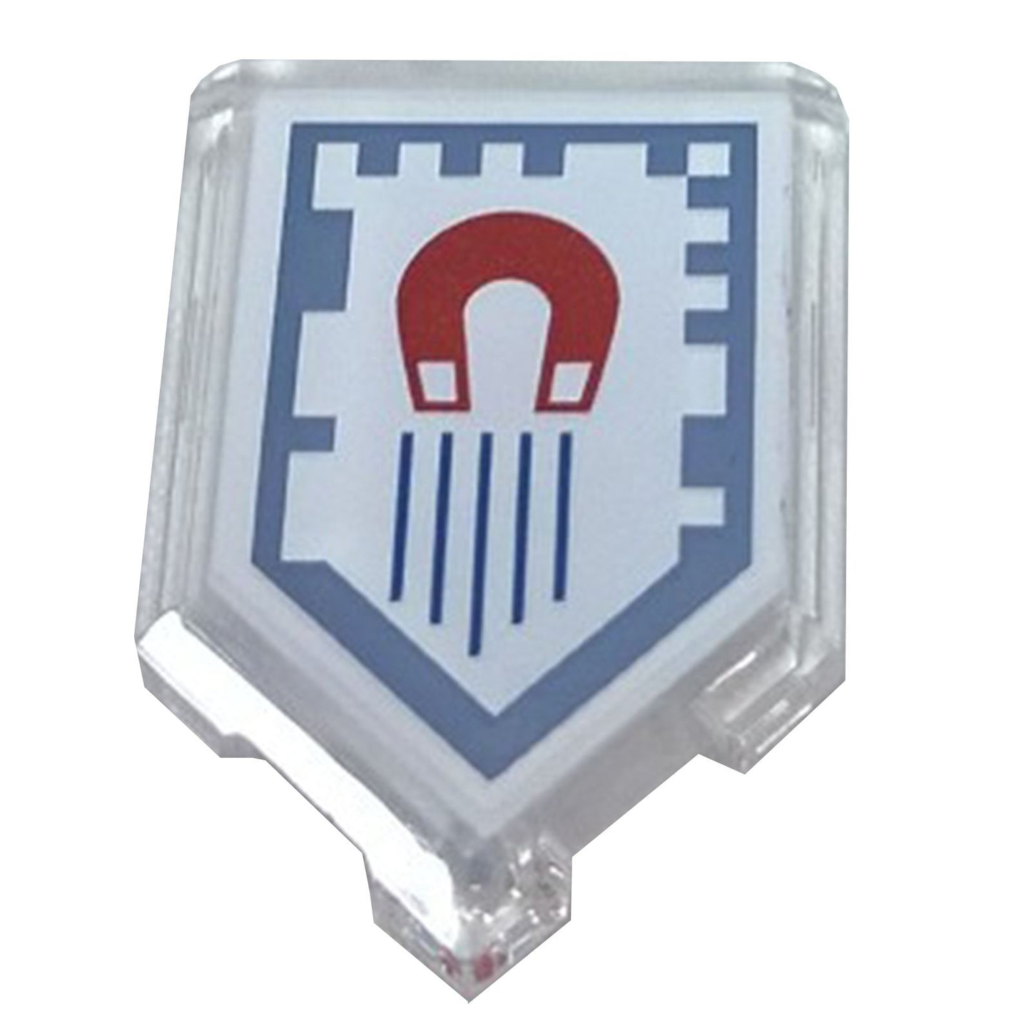 LEGO® Nexo Knights štítová destička (22385pb003) v průhledné čiré barvě, s tištěným vzorem Magnetize Nexo Power a červenou grafikou magnetu.