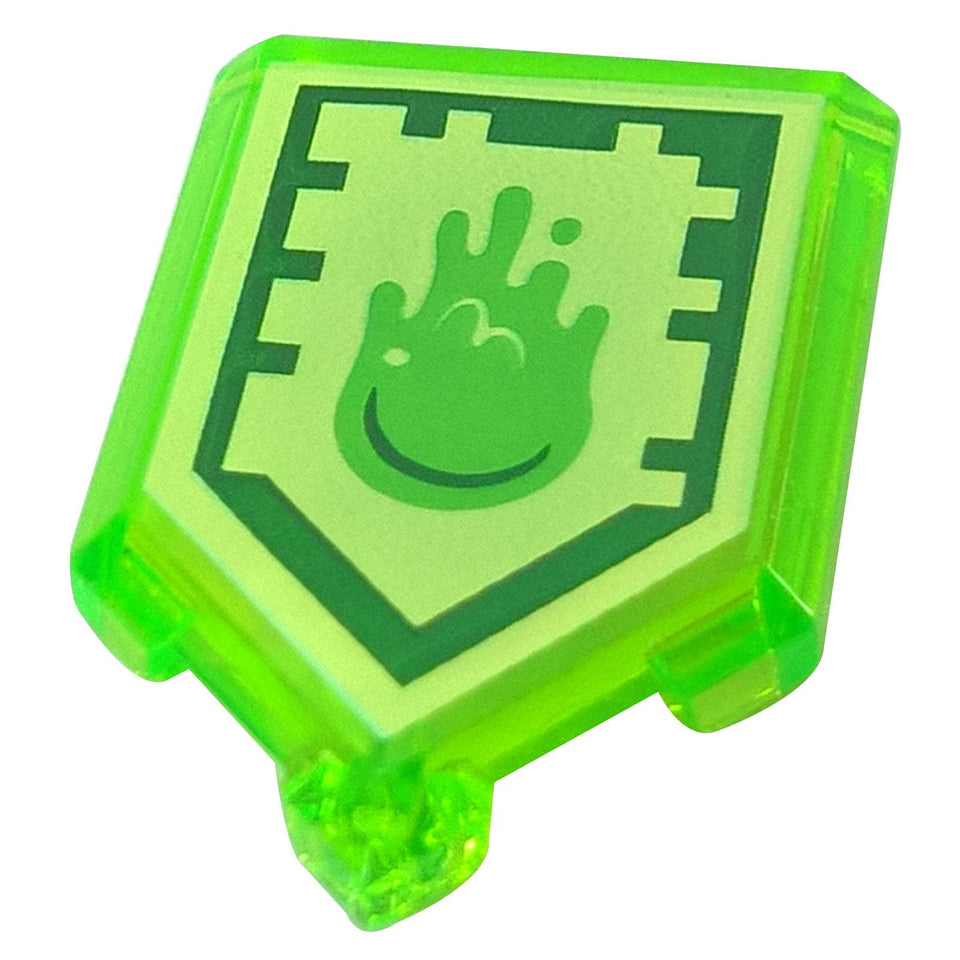  LEGO® Nexo Knights shield tile (22385pb034) in transparent bright yellowish-green, featuring the printed Slime Blast Nexo Power pattern of a happy green slime creature.