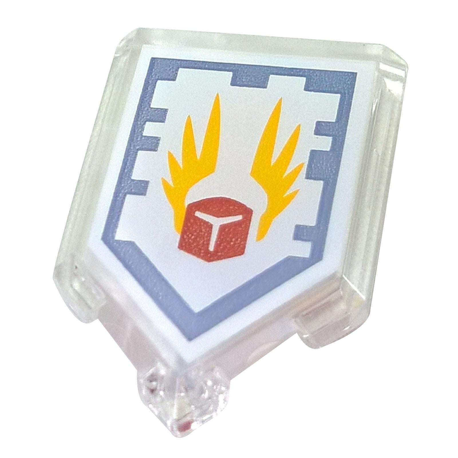 LEGO® Jubin perisai Nexo Knights (22385pb044) dalam lutsinar jernih, menampilkan corak Take Off Nexo Power bercetak blok bersayap.