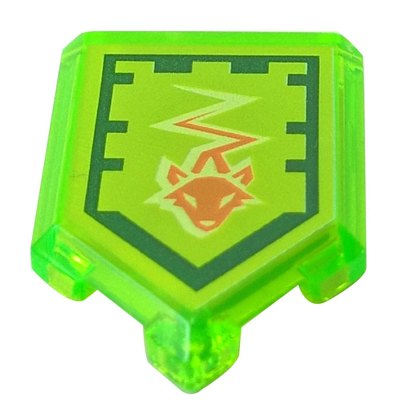 LEGO® Azulejo de escudo Nexo Knights (22385pb069) en transparente verde amarillento brillante, con el patrón impreso de Poder Nexo Swift Sting que presenta la cabeza de un zorro y un rayo.