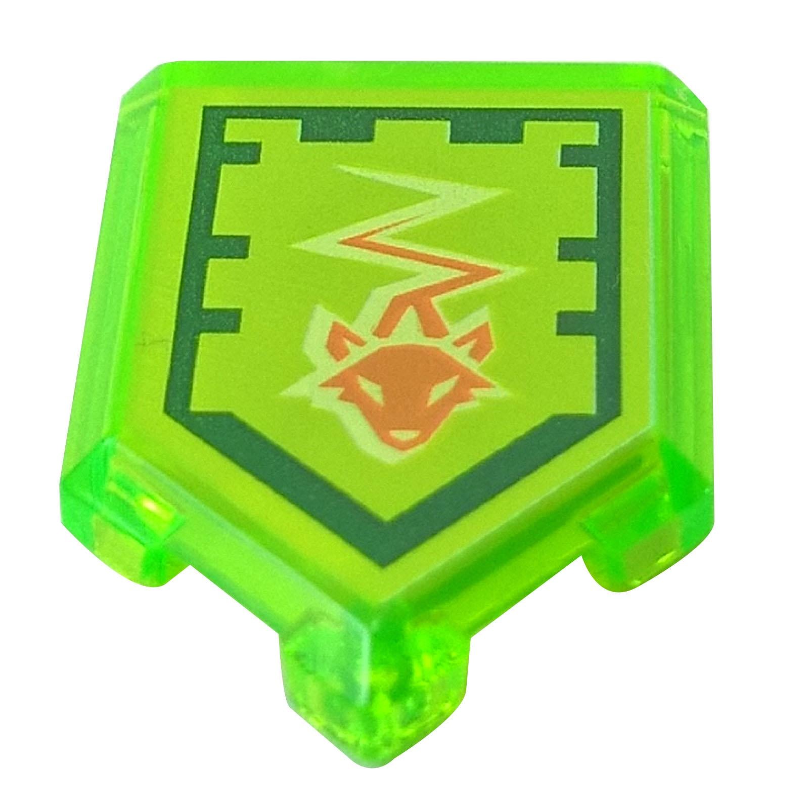 LEGO® Azulejo de escudo Nexo Knights (22385pb069) en transparente verde amarillento brillante, con el patrón impreso de Poder Nexo Swift Sting que presenta la cabeza de un zorro y un rayo.