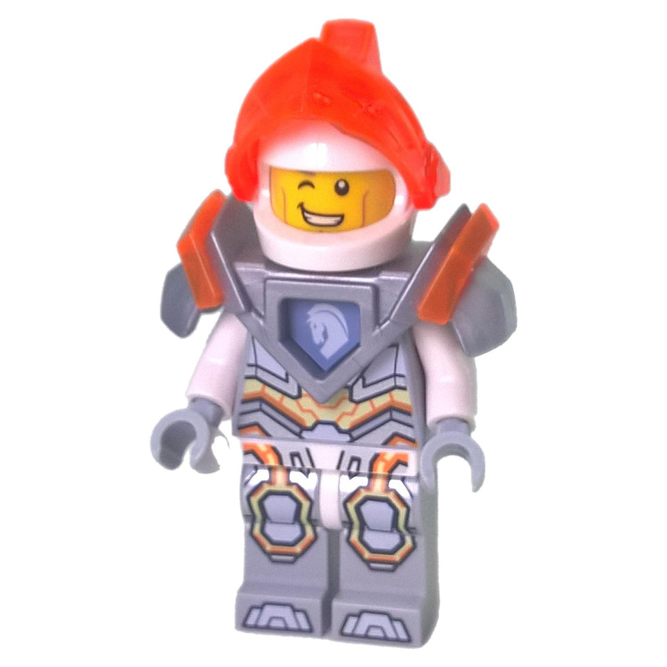 LEGO® Nexo Knights Ultimate Lance minifigure with silver armor, orange accents, and winking yellow face under white helmet with translucent orange plume.