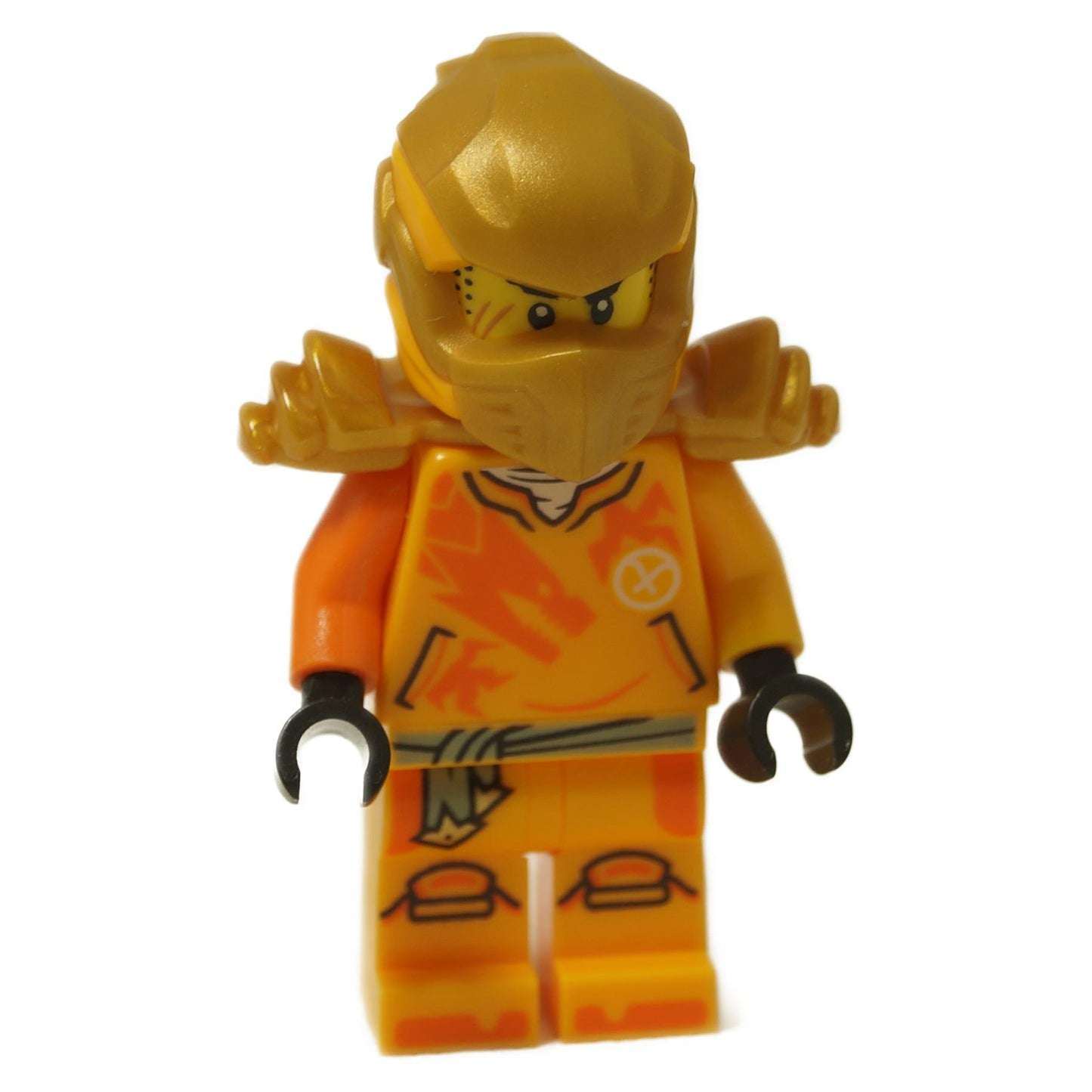 Front view of LEGO® NINJAGO Arin Minifigure (njo0866) with gold armor and bright orange ninja outfit.