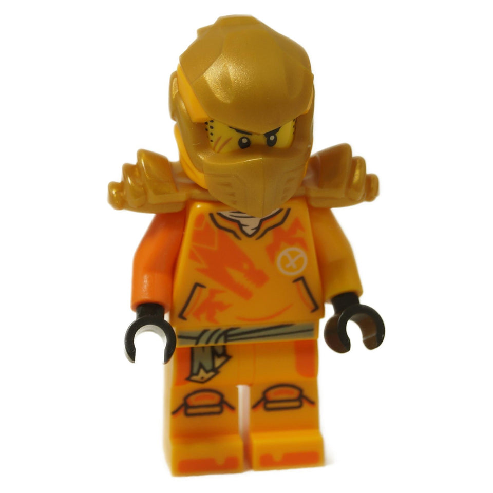 Front view of LEGO® NINJAGO Arin Minifigure (njo0866) with gold armor and bright orange ninja outfit.