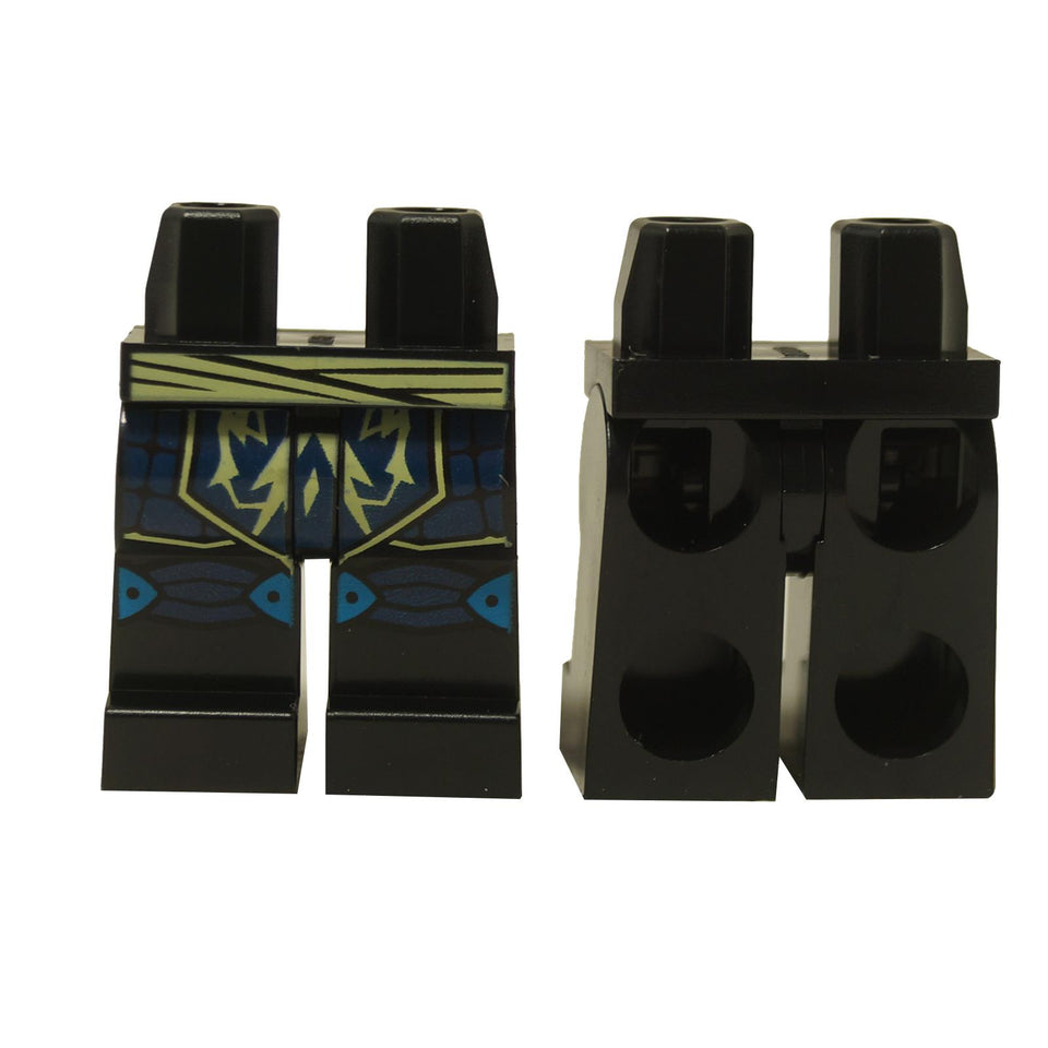 Piernas de minifigura ninja negro de NINJAGO con banda amarilla y estampado de rayos azules, vista frontal y trasera
