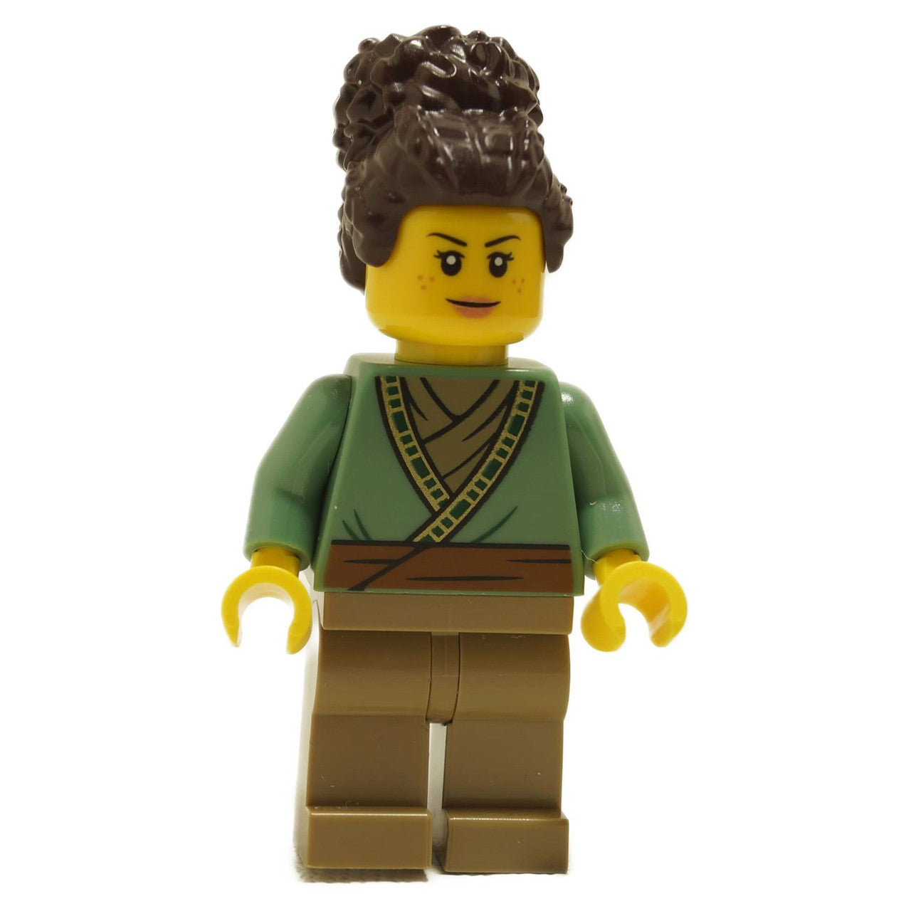 LEGO Ninjago Blacksmith minifigure njo0910 — dark brown curly updo, sand green kimono wrap torso with gold trim, dark tan legs