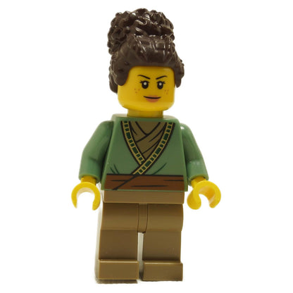 LEGO Ninjago Blacksmith minifigure njo0910 — dark brown curly updo, sand green kimono wrap torso with gold trim, dark tan legs