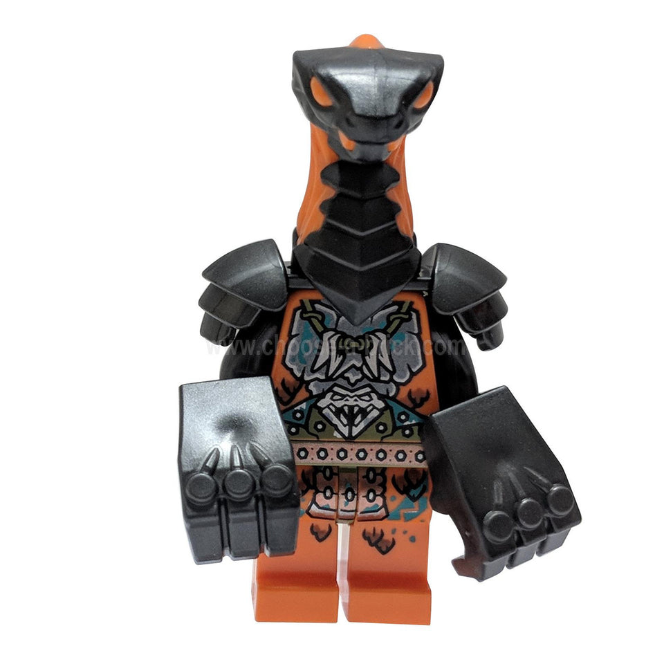 LEGO Ninjago Boa Destructor minifigure njo718, with shoulder armor and gorilla fists, front view.