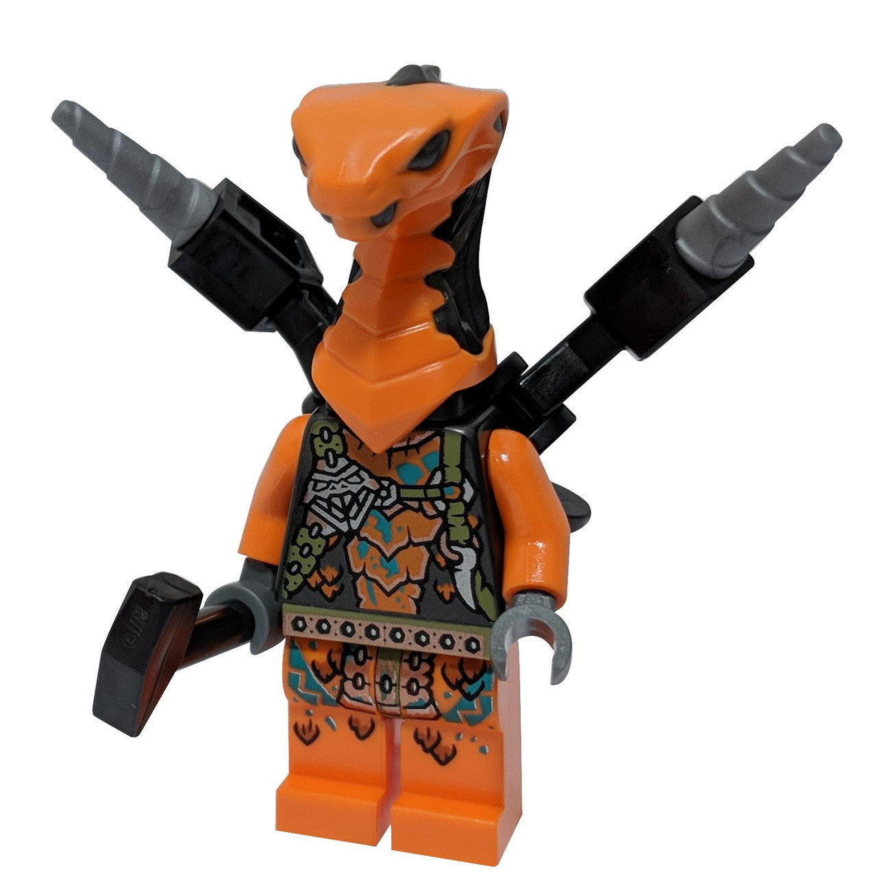 LEGO Ninjago Cobra Mechanic minifigure njo740, an orange snake warrior with a large black drill backpack and a hammer, front view.