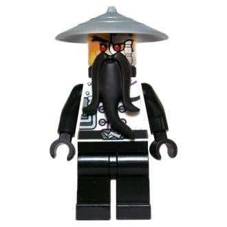LEGO Ninjago minifigurka Złego Mistrza Wu z sezonu 3 Rebooted, z cyborgową twarzą, białymi włosami i czarnym gi.