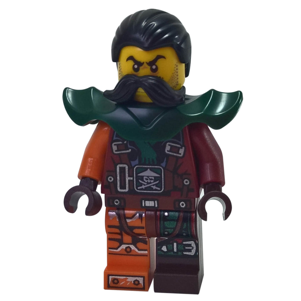 LEGO® NINJAGO Skybound Flintlocke njo0239 minifigure with black hair and beard, Dark Green shoulder armour and Dark Red pirate outfit