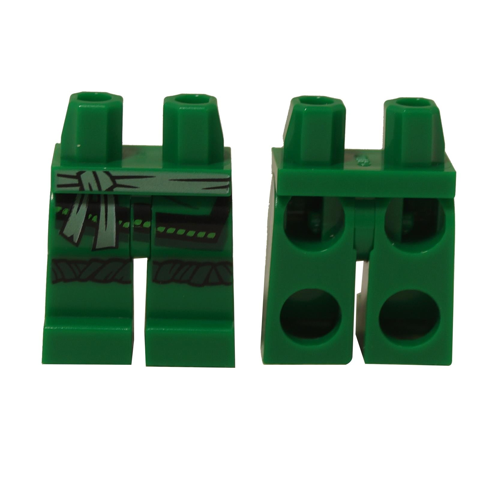 LEGO® Piernas de minifigura del ninja verde NINJAGO con banda impresa y envolturas en las piernas, vista frontal y trasera, pieza 970c00pb1064
