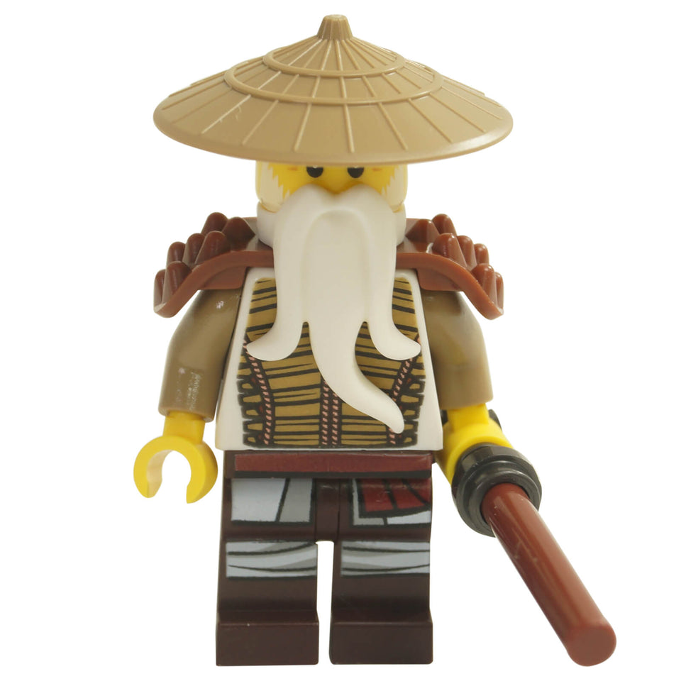 LEGO Ninjago minifigurka Mistrza Wu w jego stroju Hero Wu z sezonu 13, nosząca biały gi, zbroję i stożkowaty kapelusz.